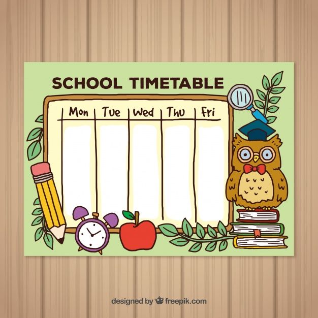 a school timetable with an owl on top of books and an apple next to it