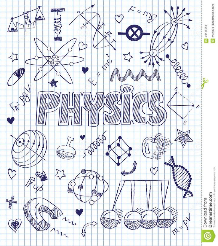 the word physics surrounded by doodles on a sheet of paper