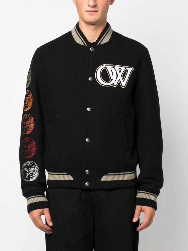 Off-White logo-appliqué Bomber Jacket - Farfetch Long Sleeve Varsity Jacket With Logo Detail For Winter, Varsity Jacket With Logo Detail, Winter College Varsity Jacket With Logo Detail, College Varsity Jacket With Logo For Winter, Winter Varsity Jacket With Logo For Streetwear, Fall Streetwear Varsity Jacket With Logo Detail, Fall Varsity Jacket With Logo For Streetwear, Designer Streetwear Outerwear With Logo Print, Designer Outerwear With Logo Print