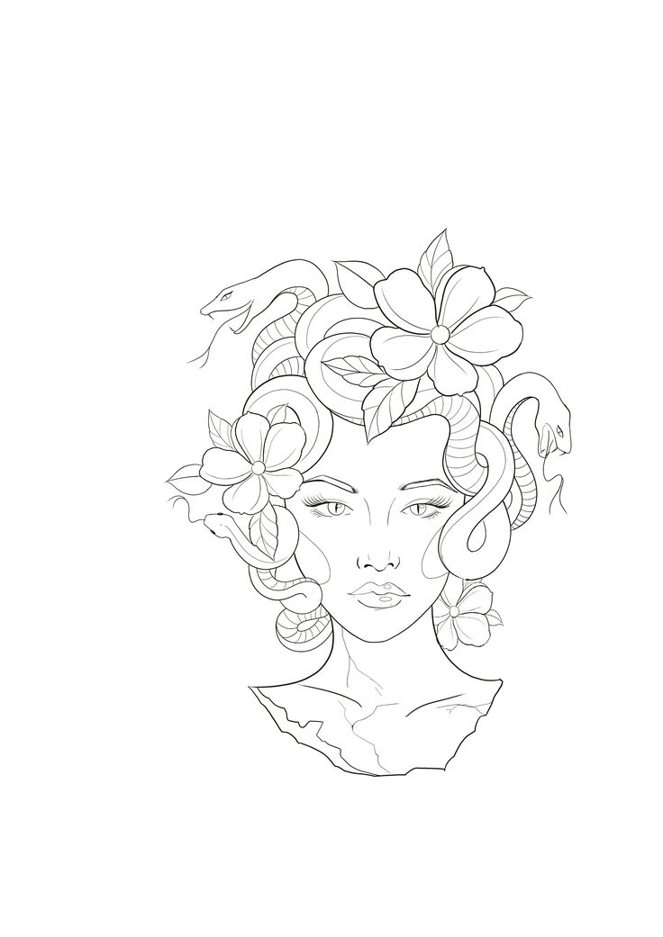 a drawing of a woman with flowers in her hair