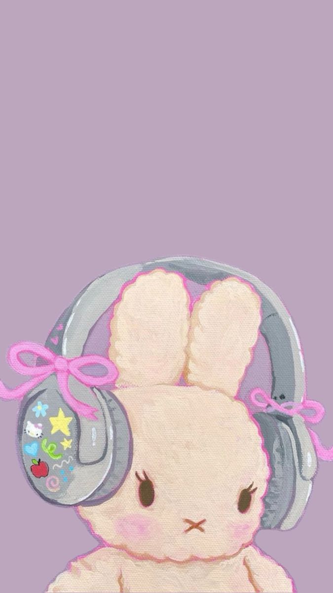 a painting of a rabbit with headphones on it's ears, sitting in front of a purple background