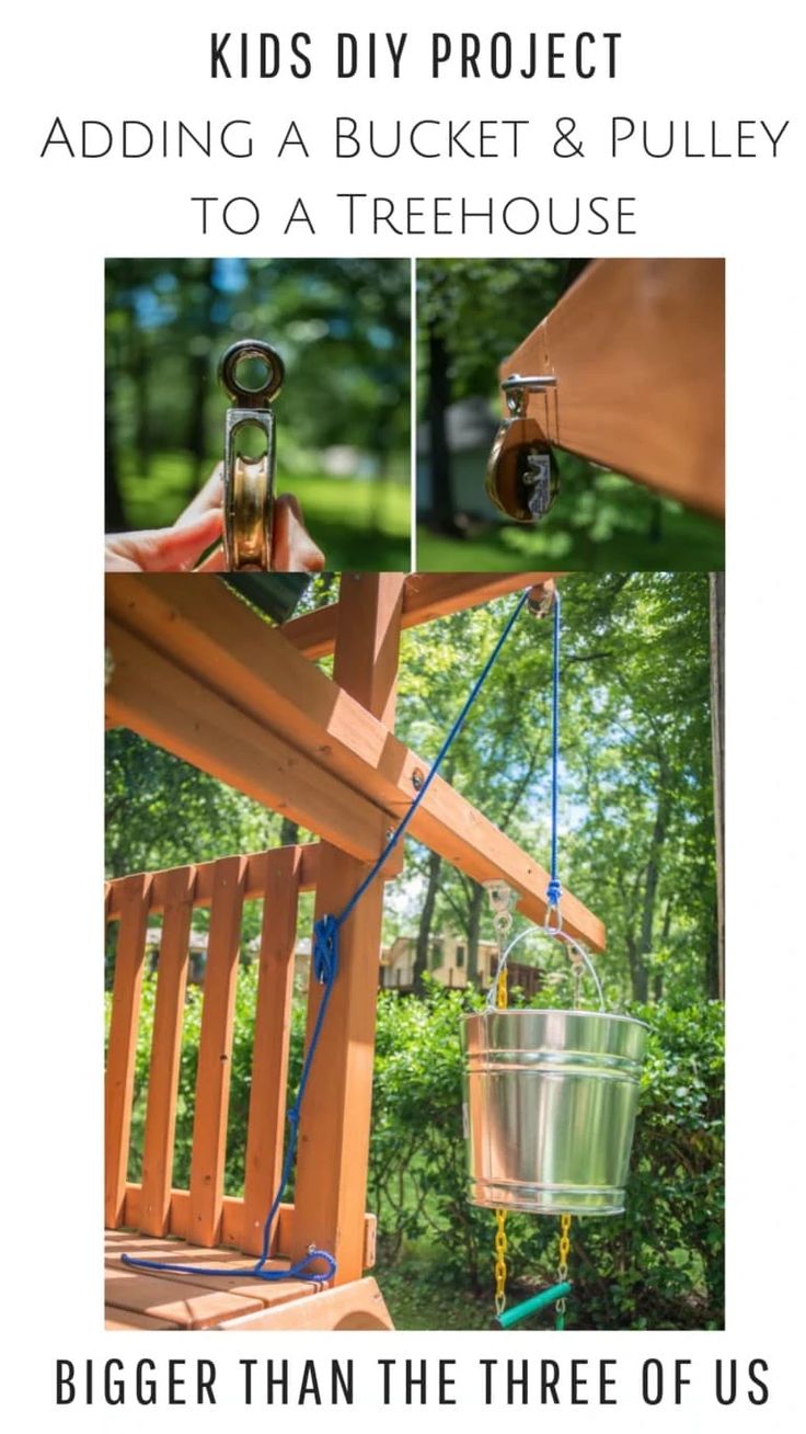 the instructions for how to make a hanging bucket and pulley from a treehouse