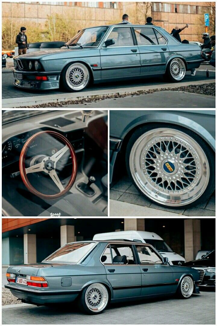 an old blue car with chrome rims parked in front of a building and another photo