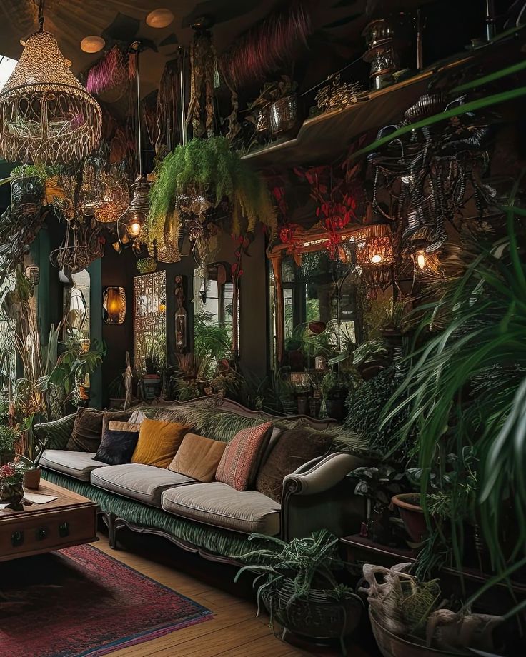 a living room filled with lots of potted plants and greenery on the walls