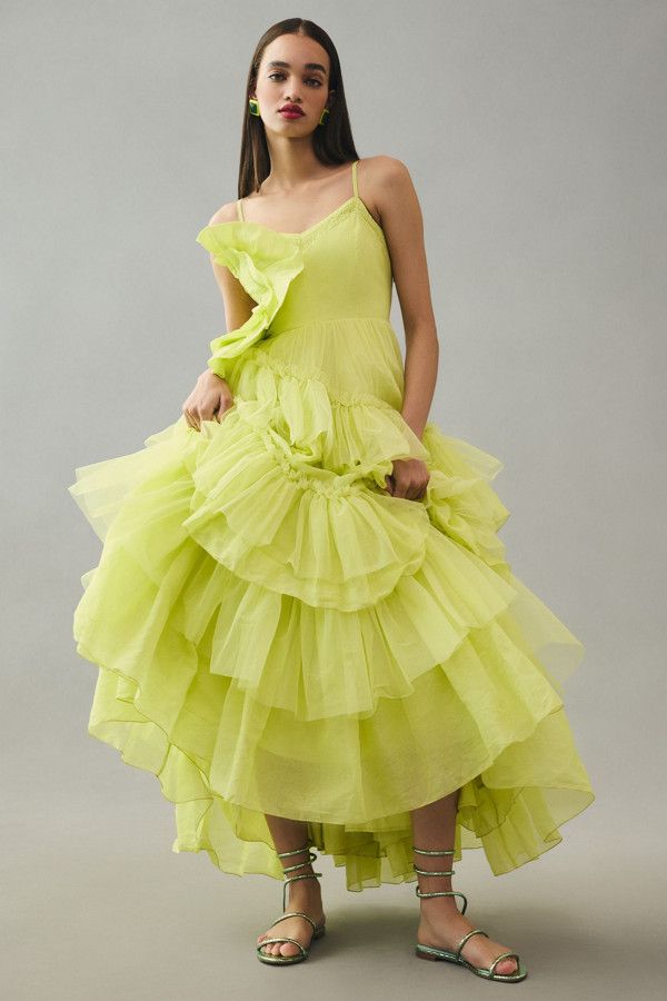 Rent Tiered Tulle Gown from Nuuly. Pick 6 items for $98/month. Free shipping + returns. Tulle Ruffle Dress, Senior Recital, Neon Yellow Dresses, Tiered Gown, Anthropologie Maxi Dress, Pinterest Predicts, I Loved You First, Fashion Design Ideas, Yellow Neon