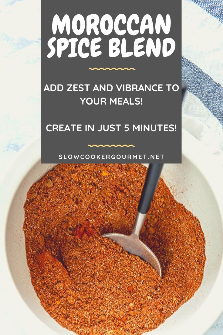 a bowl filled with spices next to a sign that says moroccan spice blend add zest and vibrance to your meals create in just 5 minutes slow cooker