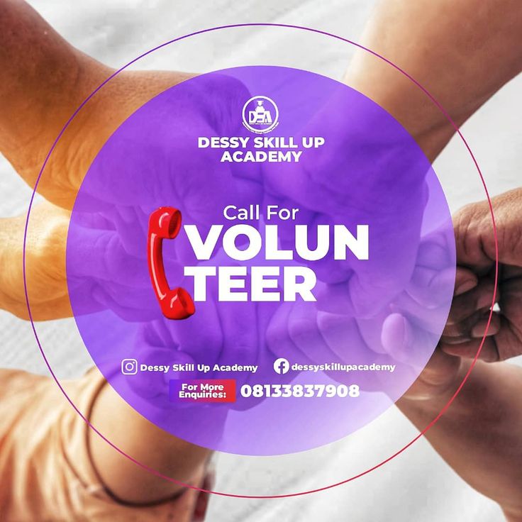 two hands holding a red phone with the words call for volunteer on it in front of a purple circle