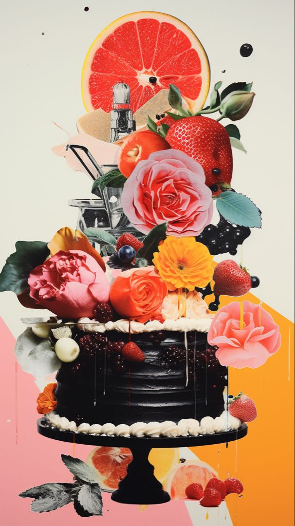 a cake with fruit and flowers on top is surrounded by oranges, strawberries, and grapefruit