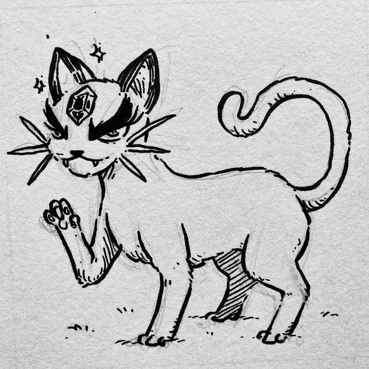 a black and white drawing of a cat with stars on it's head, standing in the grass