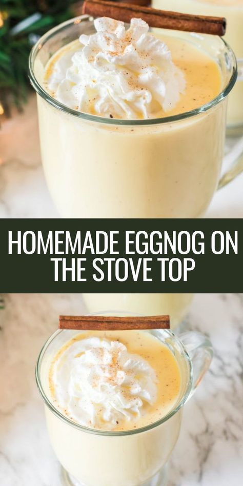 homemade eggnog on the stove top with cinnamon sticks