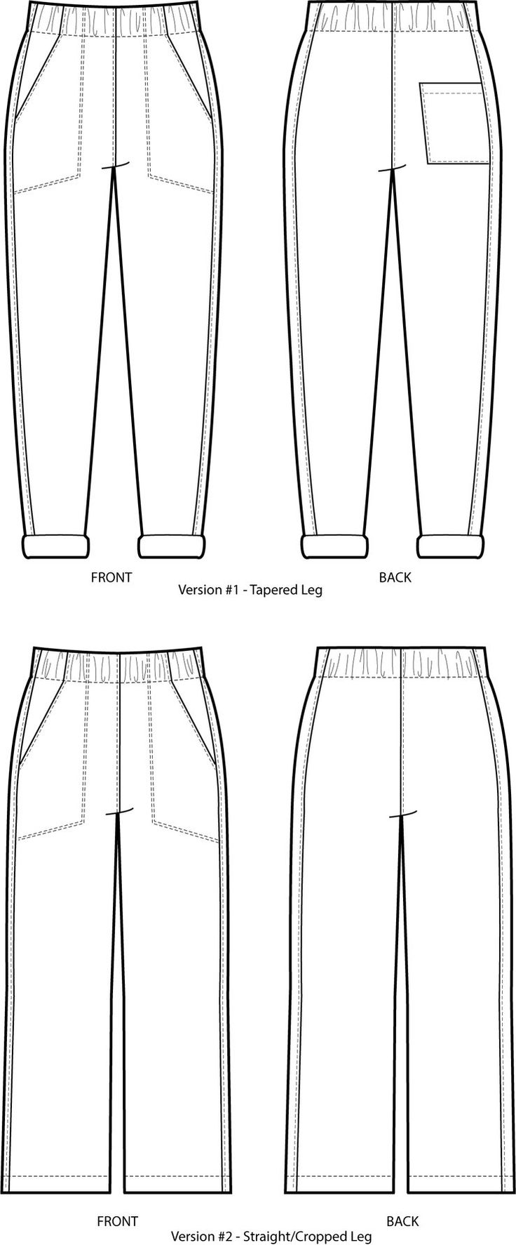 the front, back and side views of men's pants