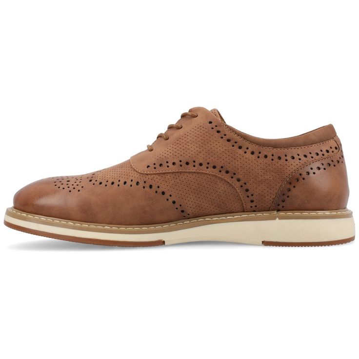 Introducing the Patrick oxford from Vance Co., a sophisticated and comfortable lace-up option featuring a 1-inch heel, round toe design, and faux leather upper. Crafted with mesh lining and a 12 mm Tru Comfort Foam™ footbed, it offers both style and cushioned support for various occasions. The rubber outer sole ensures reliable traction, making the Patrick a trendy and practical addition to your footwear collection. Oxford Lace-up Shoes For Business Casual In Spring, Casual Wingtip Oxford Shoes, Elegant Synthetic Wingtip Lace-up Shoes, Brown Oxfords With Perforated Toe For Business Casual, Synthetic Oxfords With Brogue Detailing For Work, Casual Wingtip Oxfords In Oxford Material, Spring Brogue Lace-up Shoes For Business Casual, Lace-up Oxfords With Leather Footbed For Business Casual, Spring Oxford Lace-up Shoes For Business Casual