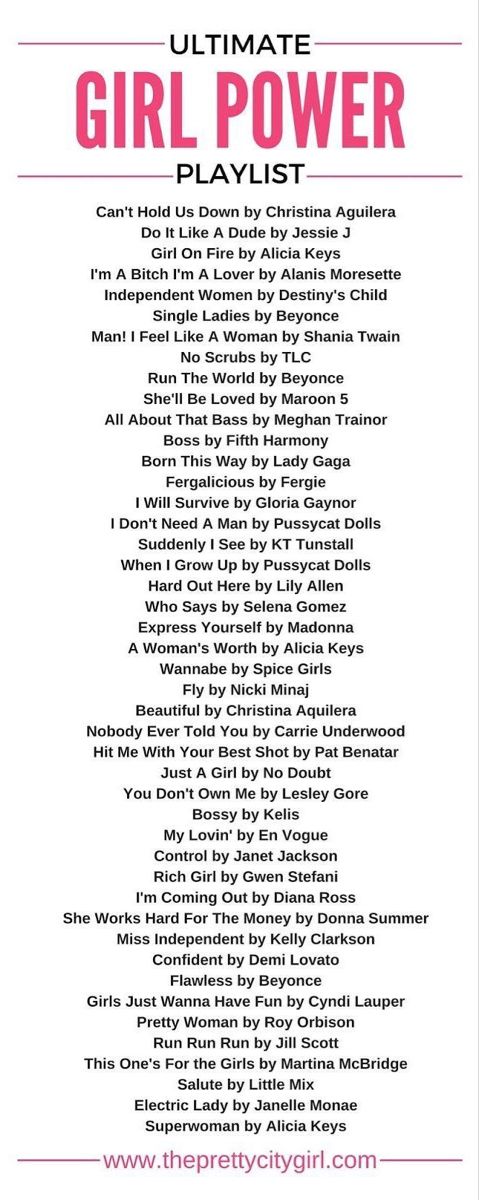 the ultimate girl power playlist is shown in pink and white, with words above it