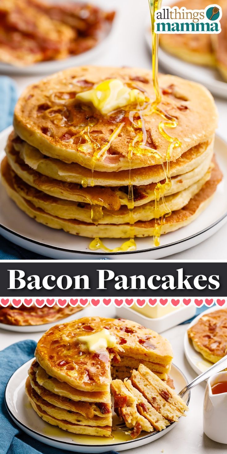 syrup pouring on a stack of five Bacon Pancakes served on a white round plate. Maple Bacon Pancakes, Fluffy Buttermilk Pancakes, Bacon Pancakes, Buttermilk Pancakes Fluffy, Breakfast Meat, Pancakes And Bacon, Easy Bacon, Flavored Bacon, Maple Bacon