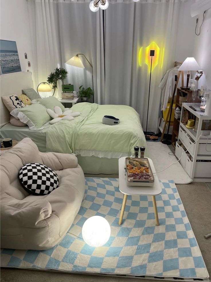 a bedroom with two beds and a checkered rug on the floor in front of it