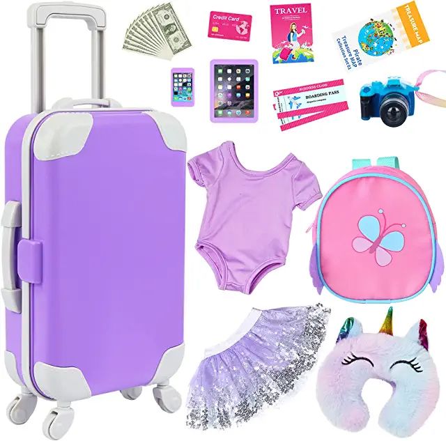 the contents of a purple suitcase are shown