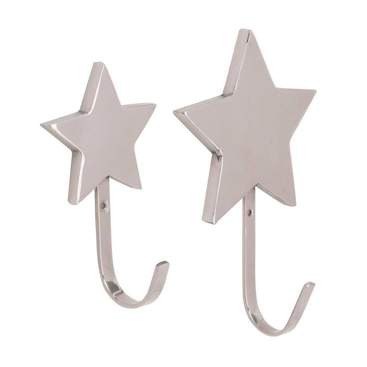 two silver stars hang from hooks on a white background and one has a hook in the shape of a star