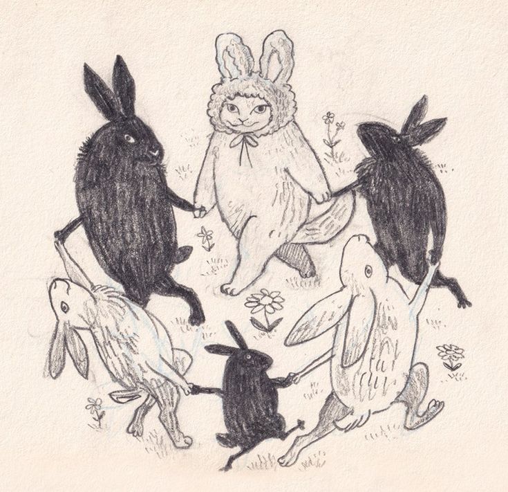 an ink drawing of four rabbits playing with each other