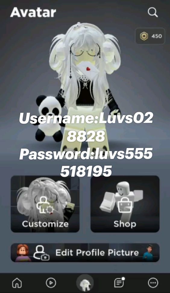 a cell phone with the text username luvs02 and an image of a panda