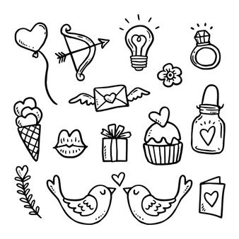 black and white doodle drawings of different things in the shape of hearts, flowers, candles