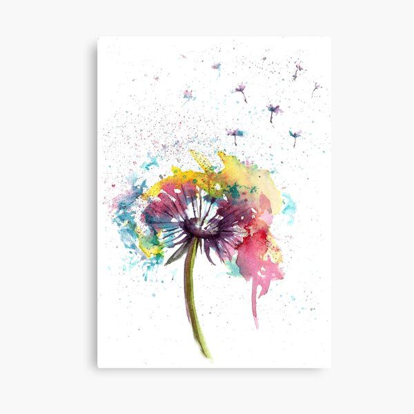 a watercolor painting of a dandelion with colorful paint splatters on it