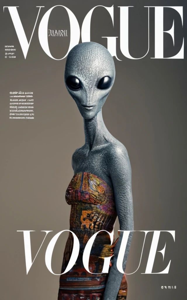 Alien on the cover of Vogue 90s Alien Aesthetic, Alien Fashion Futuristic, Alien Superstar Aesthetic, Alien Baddie, Alien Editorial, 23rd Birthday Themes, Alien Couture, 80s Futurism, Y2k Alien