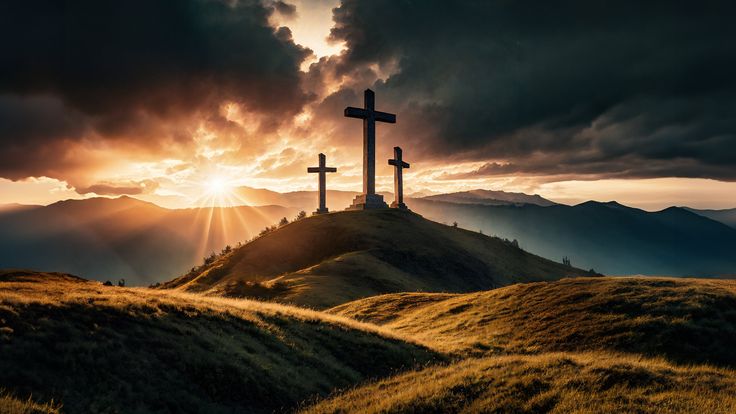 three crosses on top of a hill with the sun shining through clouds in the background