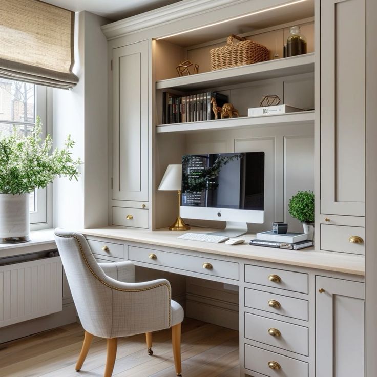 a home office with built in cabinets and desk space, along with a chair that is facing the window