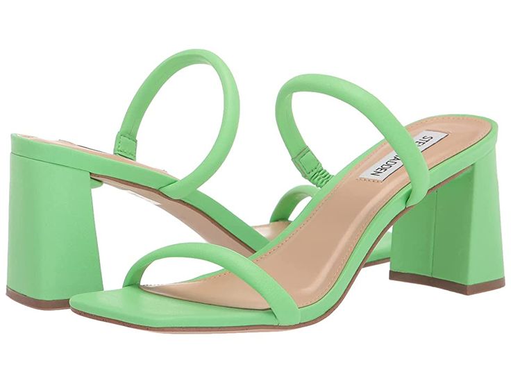 Steve Madden Lilah Sandal - Women's Shoes : Light Green : Be on-trend with the Steve Madden Lilah Sandal. Slip-on styling with straps at the toes and vamp of the foot. Square, open-toe design. Synthetic upper. Lining, insole, and outsole made of leather material. Flared, block heel. Made in Brazil. Measurements: Heel Height: 2 3 4 in Weight: 8 oz Product measurements were taken using size 8, width M. Please note that measurements may vary by size. Weight of footwear is based on a single item, no Spring Green Sandals With Heel Loop, Green Sandals With Heel Loop And Block Heel, Green Heels With Single Toe Strap For Spring, Synthetic Open Toe Heels With Heel Strap, Synthetic Block Heels With Heel Loop For Spring, Open Toe Heels With Heel Strap, Trendy Spring Block Heels With Heel Loop, Green Synthetic Sandals With Single Toe Strap, Spring Sandals With Single Toe Strap And Branded Heel