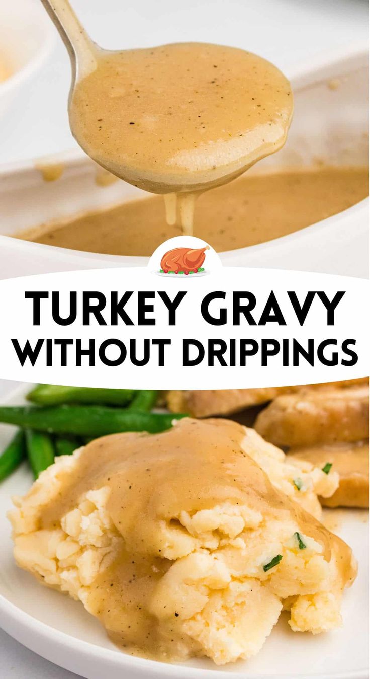 Turkey Gravy Without Drippings in a gravy boat and poured over mashed potatoes and turkey. Turkey Stock Gravy Recipe, Thanksgiving Gravy No Drippings, Mccormick Turkey Gravy Recipe, Healthy Gravy Recipe Clean Eating, No Drippings Gravy, Gravy Using Turkey Neck, Homemade Noodles And Gravy, Low Sodium Turkey Gravy, Smoked Turkey Gravy Recipe