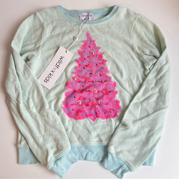 Nwt Wild-Fox Fox Sweater Mint Green With Pink Christmas Tree Size 10 Green Christmas Sweater, Pink And Green Christmas, Teen Presents, Preppy Vsco, Fox Kids, Fox Sweater, Star Sweater, Graphic Sweaters, Blue Crew