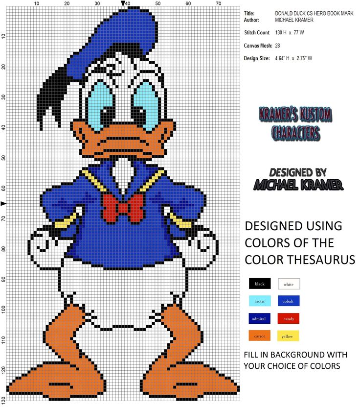 an image of donald duck cross stitch pattern with the color scheme for each pixell