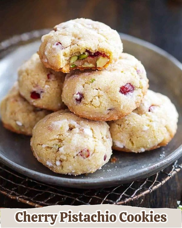 cherry pistachio cookies stacked on top of each other in a plate with text overlay