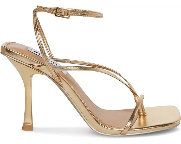 Women's Steve Madden Annie Heeled Sandal | Zappos.com Sleek Gold Sandals With Pointed Toe, Trendy Gold Sandals For Formal Occasions, Trendy Gold Formal Sandals, Strappy Sandals With Padded Heel For Cocktail, Elegant Synthetic Sandals With Wrapped Heel, Sleek Formal Sandals With Padded Heel, Spring Formal Sandals With Single Toe Strap, Sleek Formal Sandals With Heel Strap, Modern Open Toe Wedding Heels