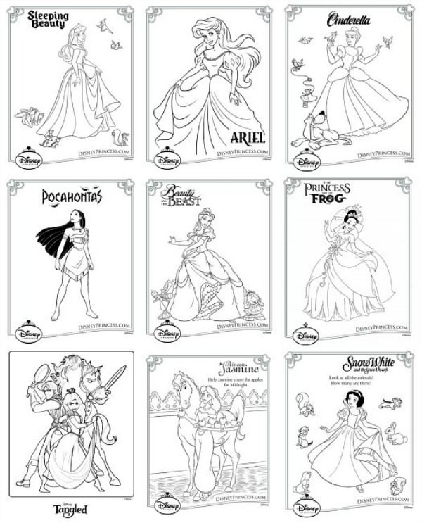 disney princess coloring pages with the names and pictures for each character in their respective story