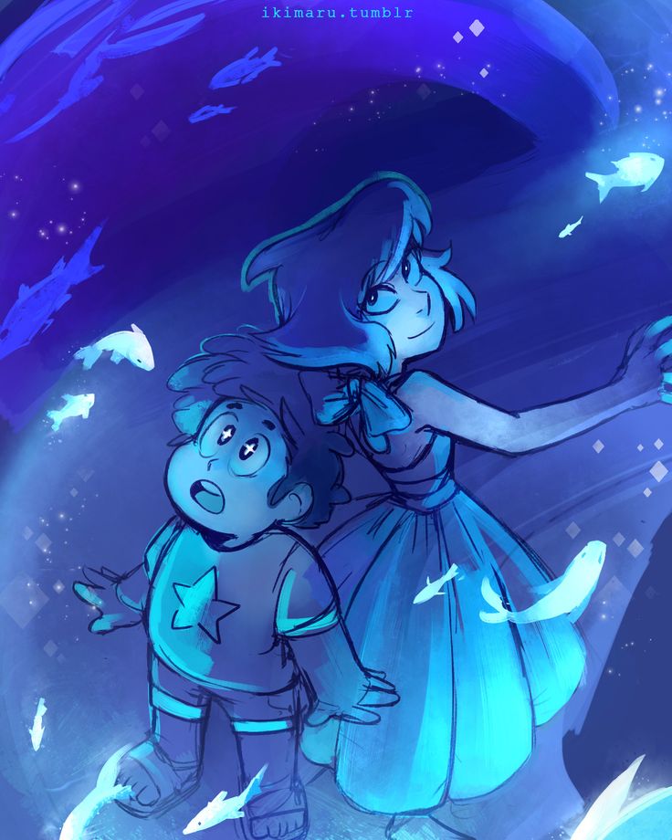 a boy and girl standing next to each other in front of a blue sky with fish