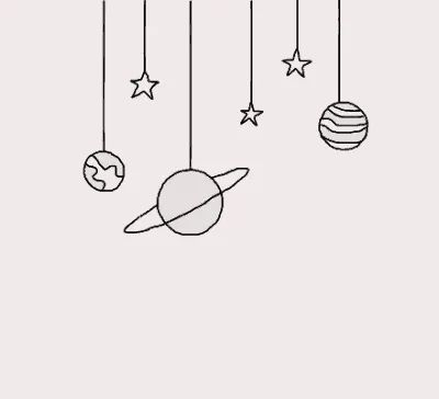 a drawing of planets and stars hanging from strings