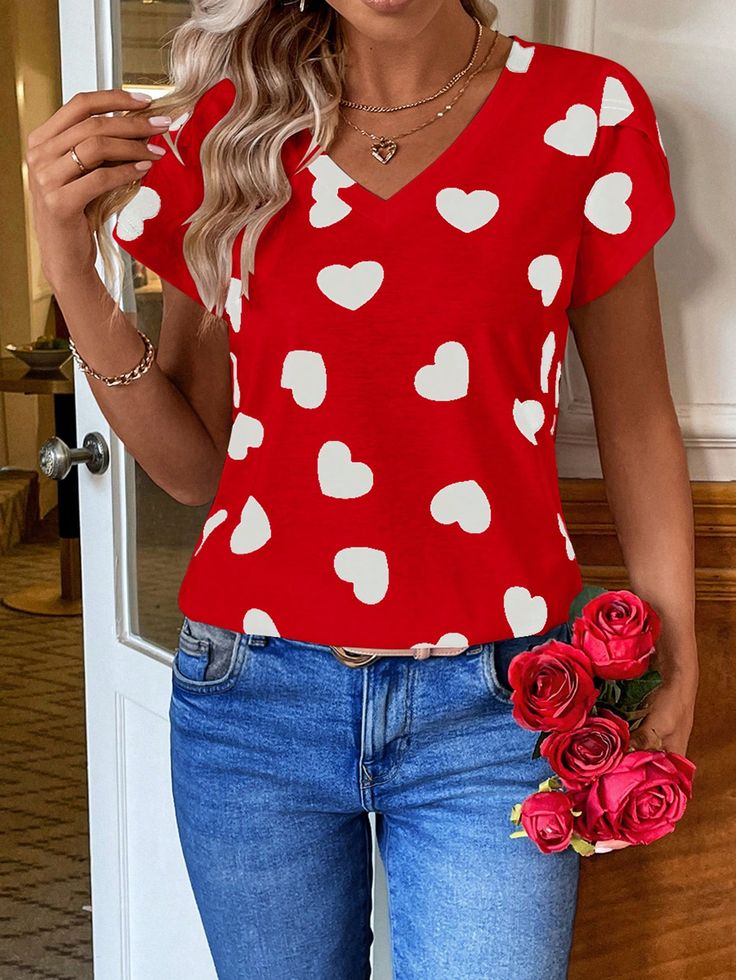 Heart-Shaped Flower Bud Sleeve T-Shirt Red Casual  Short Sleeve Fabric Geometric,Heart,All Over Print,Random Print  Medium Stretch Summer Women Clothing, size features are:Bust: ,Length: ,Sleeve Length: Spring Heart Print V-neck Top, Casual Red Heart-shaped T-shirt, Casual Heart Print T-shirt For Spring, Casual V-neck Top With All Over Print, Summer White Blouse With Heart Print, White Heart Print Blouse For Summer, Red Crew Neck Top With Heart Graphic, Cotton V-neck Top With All Over Print, Red Heart-shaped Top With Graphic Print