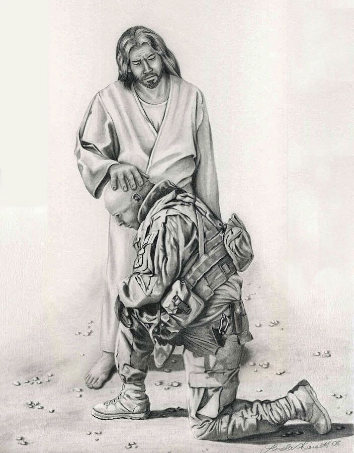 a pencil drawing of jesus holding the head of a young man who is kneeling down