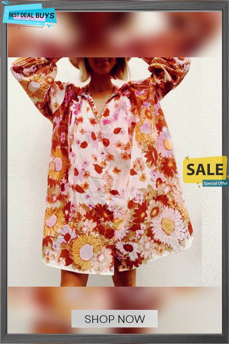 Floral Long Sleeve Shirt Chiffon Dress Spring Printed Button-up Dresses, Flowy Button-up Summer Blouse, Summer Daywear Shift Dresses, Summer Shift Dress For Daywear, Chiffon Beach Blouse For Fall, Printed Long Sleeve Summer Blouse, Long Sleeve Floral Print Summer Blouse, Long Sleeve Summer Shift Dress, Long Sleeve Summer Daywear Dresses