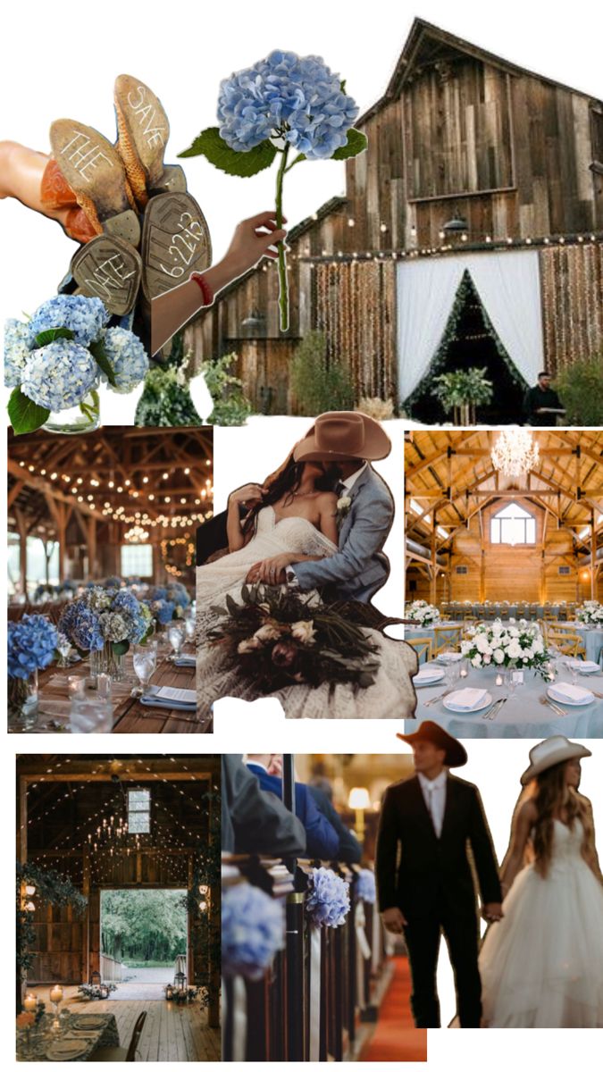 a collage of photos with blue and white flowers in the foreground, an image of a bride and groom on their wedding day