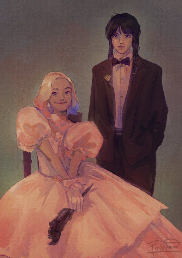 a painting of two people in formal wear