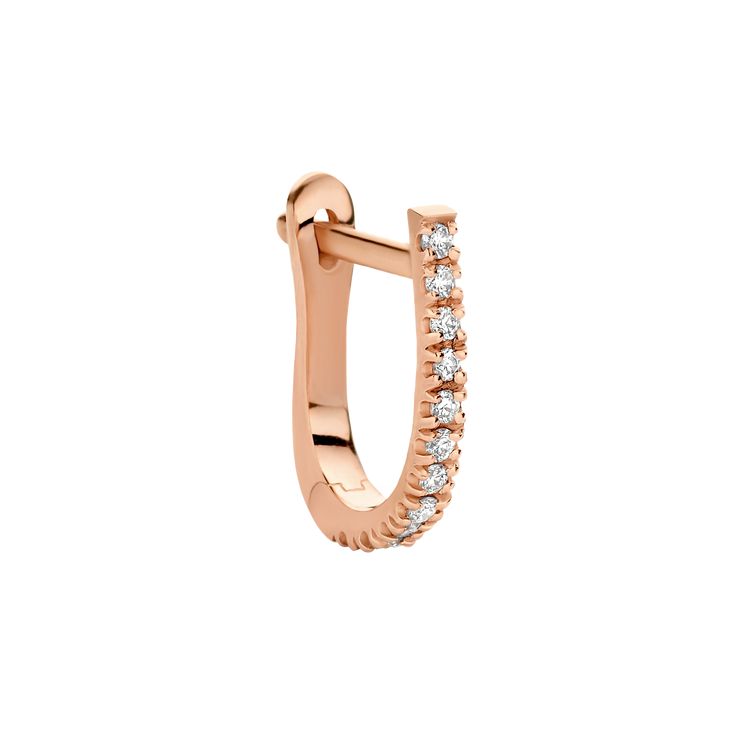 This dainty mini hoop earring hugs the earlobe with 18k recycled gold and a row of 18 diamonds that add a subtle, yet eye-catching sparkle to the piece. The Huggie works perfectly as a pair or worn stacked up with other designs from the collection. Elegant Huggie Piercings With Prong Setting, Elegant Prong-set Huggie Piercings, Elegant Small Hoop Rose Gold Piercings, Elegant Yellow Gold Small Hoop Piercings, Elegant Rose Gold Small Hoop Piercings, White Diamond Huggie Earring, Fine Jewelry Diamond Huggie Piercings, Diamond White Diamond Huggie Single Earring, Elegant Small Hoop Cubic Zirconia Piercing