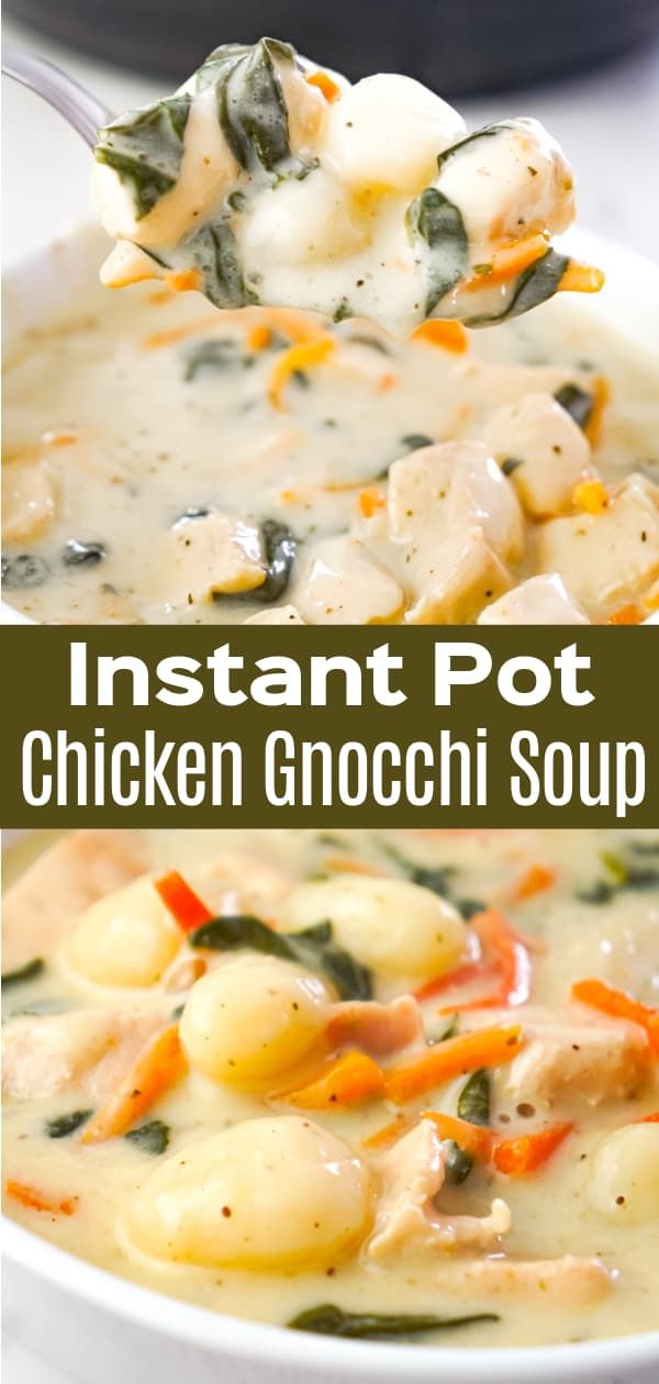 instant pot chicken gnocchini soup with spinach and carrots in a white bowl