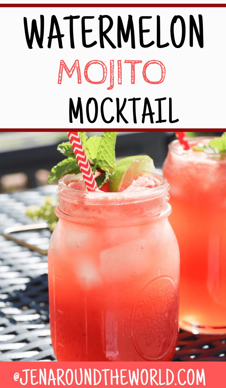 two glasses filled with watermelon mojito cocktails on top of a table