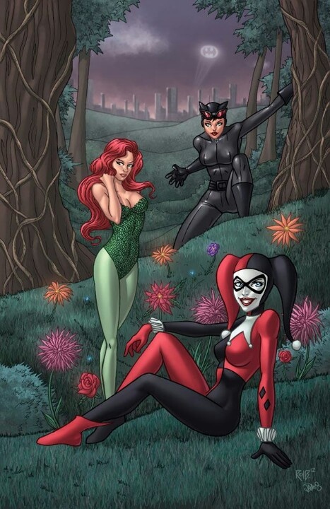 two women dressed as batman and catwoman in the woods with flowers on the ground