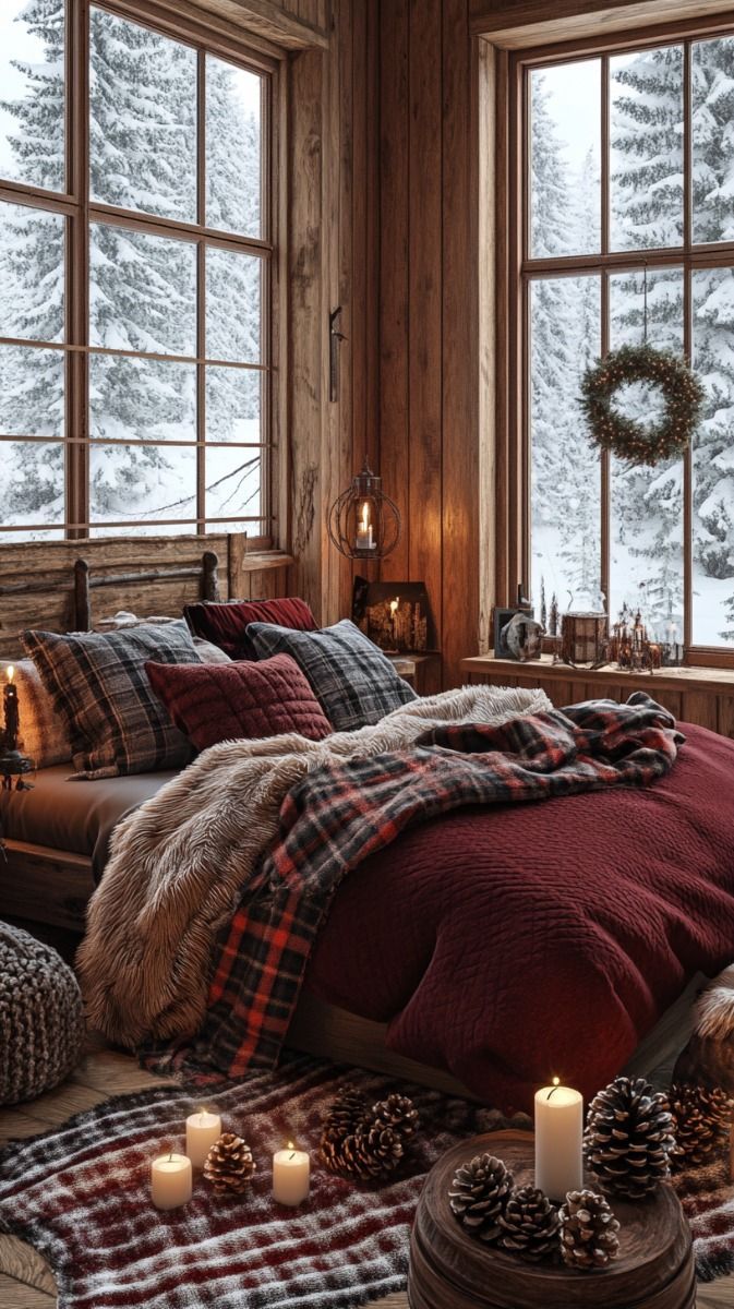 a cozy cabin bedroom with plaid bedding and candles