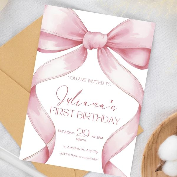 SimpliOre - Etsy Canada 1st Birthday Pink Theme, Bow Party Invitations, Bows Theme Birthday Party, Bridgerton First Birthday, Coquette Invitation Card, Bow Invitation Template, Pink Bow First Birthday Party, Coquette Invitation Template, Bow Themed First Birthday Party