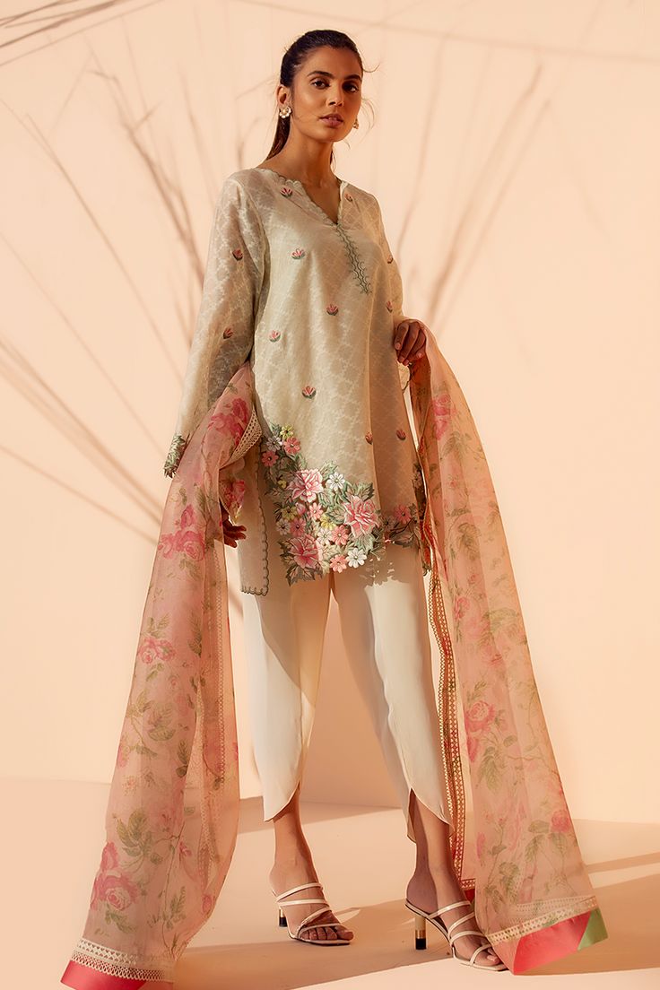 Kyra – Sania Maskatiya International Pink Cotton Silk Lawn Suit With Traditional Drape, Pink Cotton Silk Lawn Suit For Wedding, Pink Cotton Silk Lawn Suit With Resham Embroidery, Pink Lawn Suit With Resham Embroidery In Cotton Silk, White Silk Lawn Suit For Spring, Traditional Cream Lawn Suit With Sheer Dupatta, Elegant Cotton Silk Salwar Kameez With Embroidered Sleeves, Pink Unstitched Lawn Suit With Sheer Dupatta, Pink Organza Lawn Suit With Straight Kurta