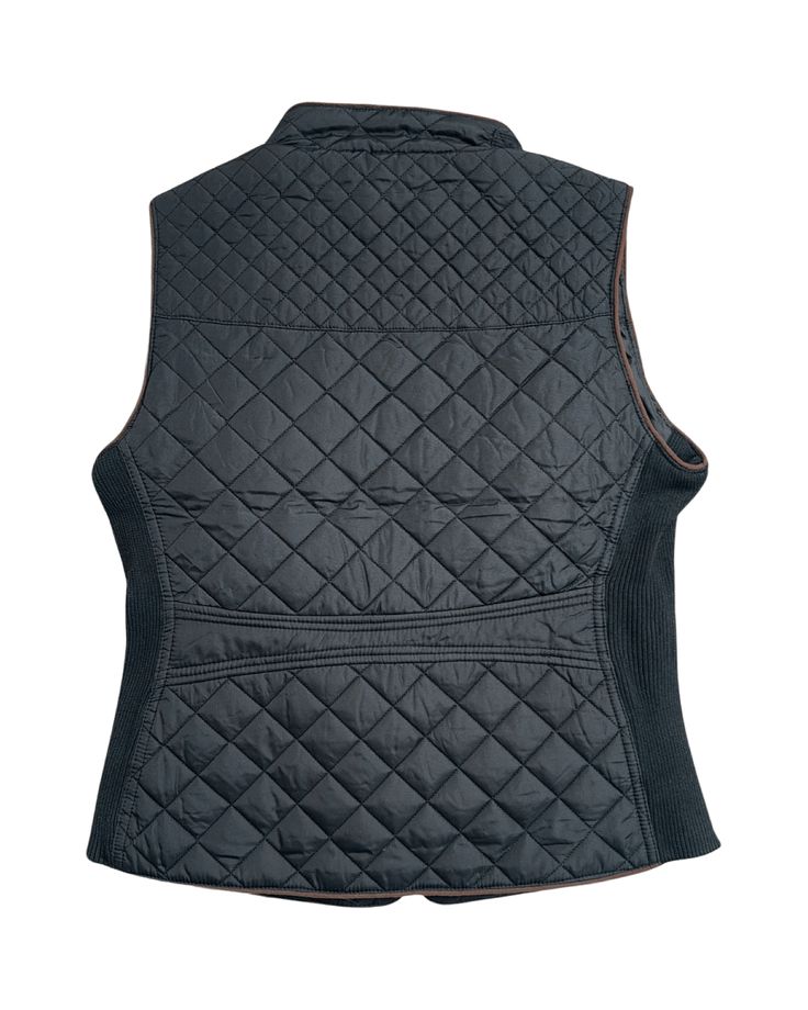 Upgrade your outerwear game. This vest offers the perfect blend of style and functionality, making it a timeless addition to your wardrobe. Don't miss out on this season's essential layering piece - add it to your cart today and experience the elegance and warmth it brings to your outfits! Key Features: Suede Piping: The suede piping adds a touch of elegance and refinement to this vest, making it a standout piece in your wardrobe. Quilted Padding: Designed to keep you warm and stylish, the quilt Fitted Nylon Vest For Cold Weather, Fitted Vest Outerwear For Cold Weather, Fitted Nylon Vest Outerwear, Nylon Workwear Vest, Cotton Vest With Padded Collar And Sleeveless Design, Sleeveless Cotton Vest With Padded Collar, Cotton Sleeveless Vest With Padded Collar, Fitted Sleeveless Outerwear With Padded Collar, Nylon Work Vest For Fall